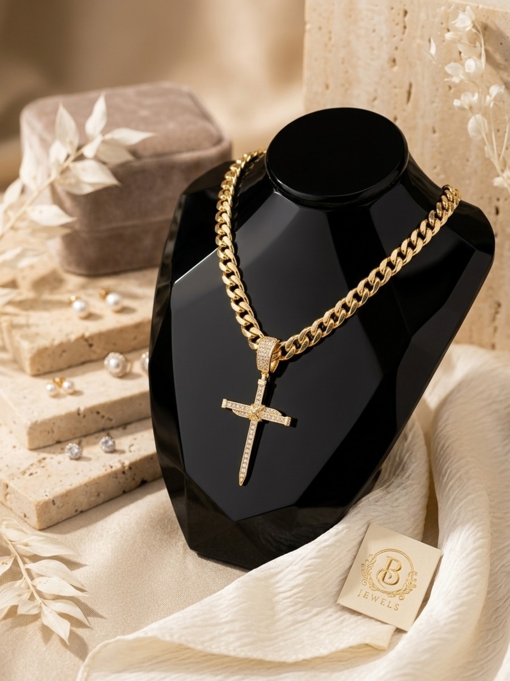 Gold Cuban Link Necklace with Pave Cross Pendant - B Jewel